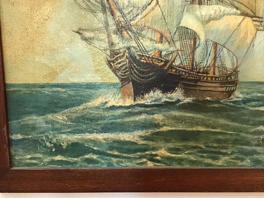 Vintage 1940 Original Oil Painting Of Ship At Sea Signed V. C. Newton 16' X 21' [Photo 8]