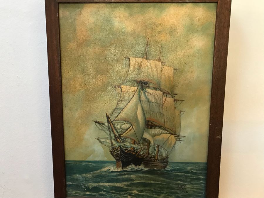 Vintage 1940 Original Oil Painting Of Ship At Sea Signed V. C. Newton 16' X 21' [Photo 2]