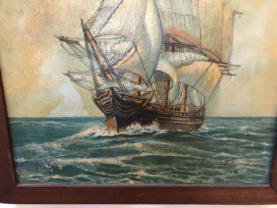Vintage 1940 Original Oil Painting Of Ship At Sea Signed V. C. Newton 16' X 21' [Photo 4]