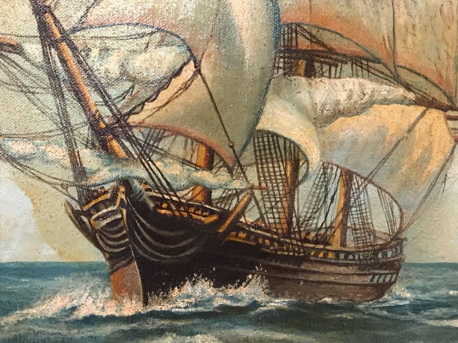 Vintage 1940 Original Oil Painting Of Ship At Sea Signed V. C. Newton 16' X 21' [Photo 5]