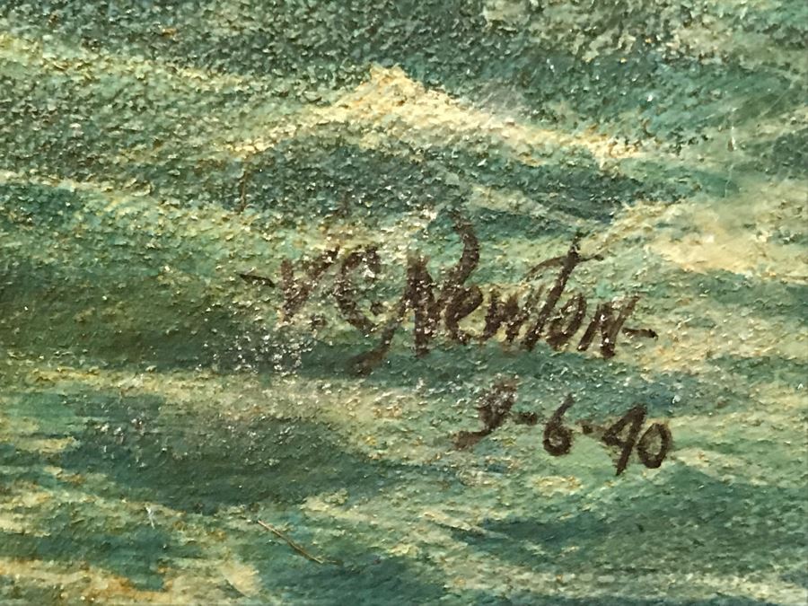 Vintage 1940 Original Oil Painting Of Ship At Sea Signed V. C. Newton 16' X 21' [Photo 10]