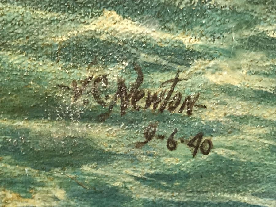 Vintage 1940 Original Oil Painting Of Ship At Sea Signed V. C. Newton 16' X 21' [Photo 9]
