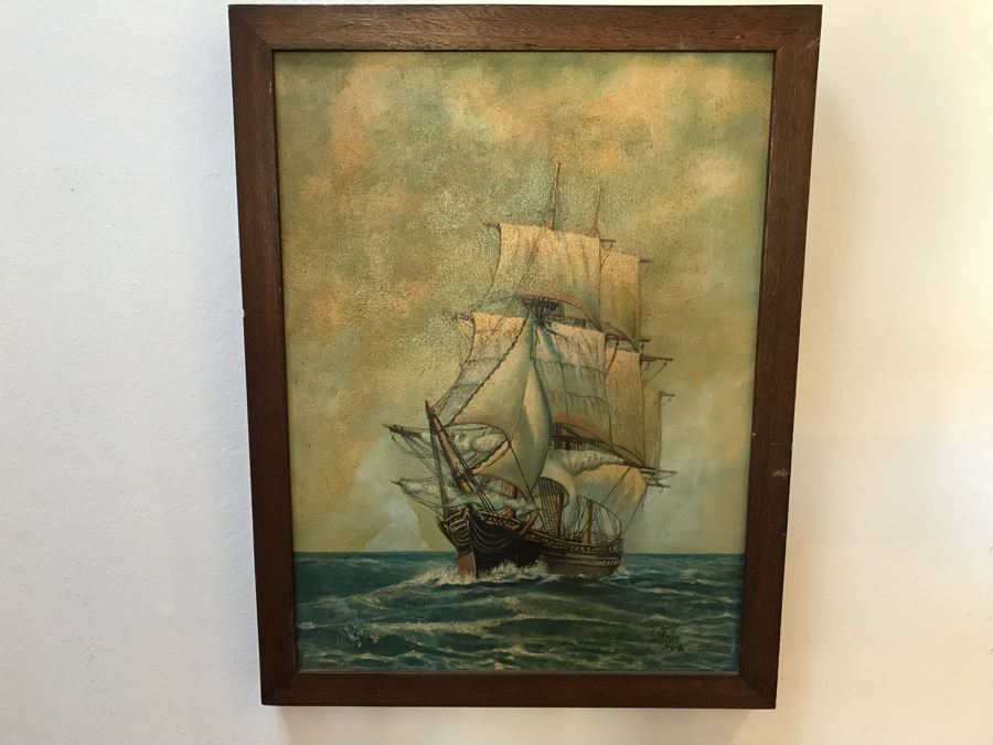 Vintage 1940 Original Oil Painting Of Ship At Sea Signed V. C. Newton 16' X 21' [Photo 1]