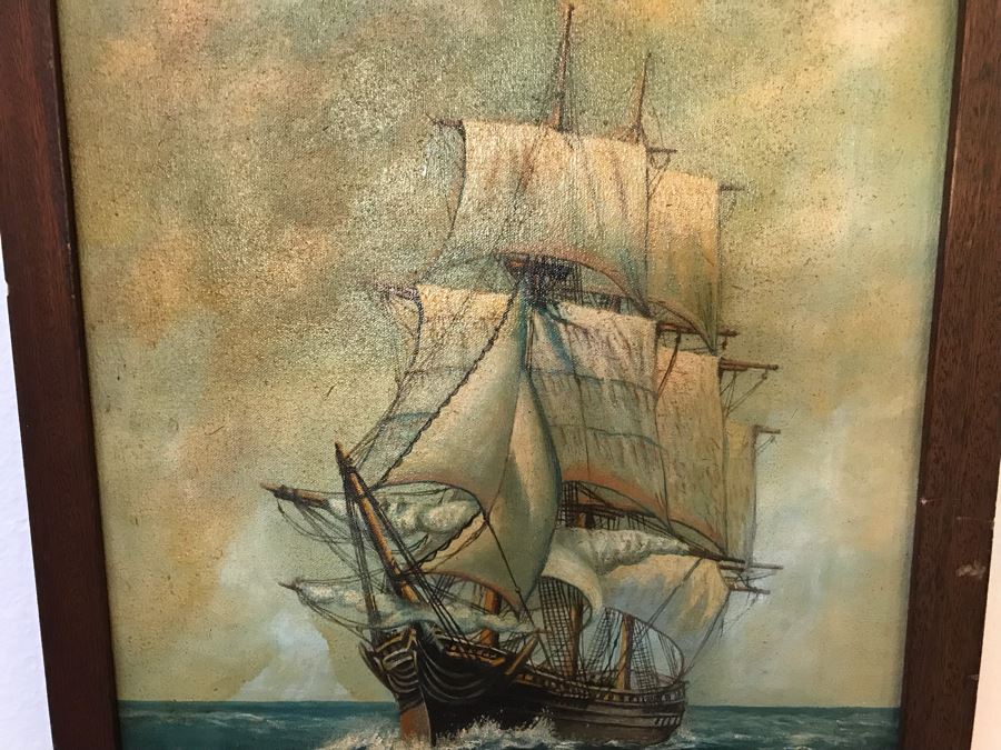 Vintage 1940 Original Oil Painting Of Ship At Sea Signed V. C. Newton 16' X 21' [Photo 3]