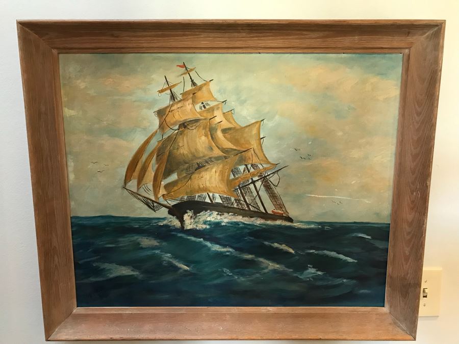 Vintage 1960 Original Oil Painting Of Sailing Ship At Sea Signed Bristol 34' X 28' [Photo 1]