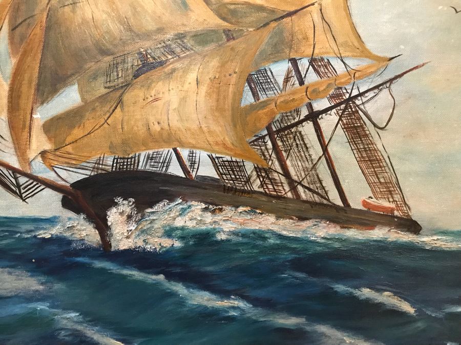 Vintage 1960 Original Oil Painting Of Sailing Ship At Sea Signed Bristol 34' X 28' [Photo 4]