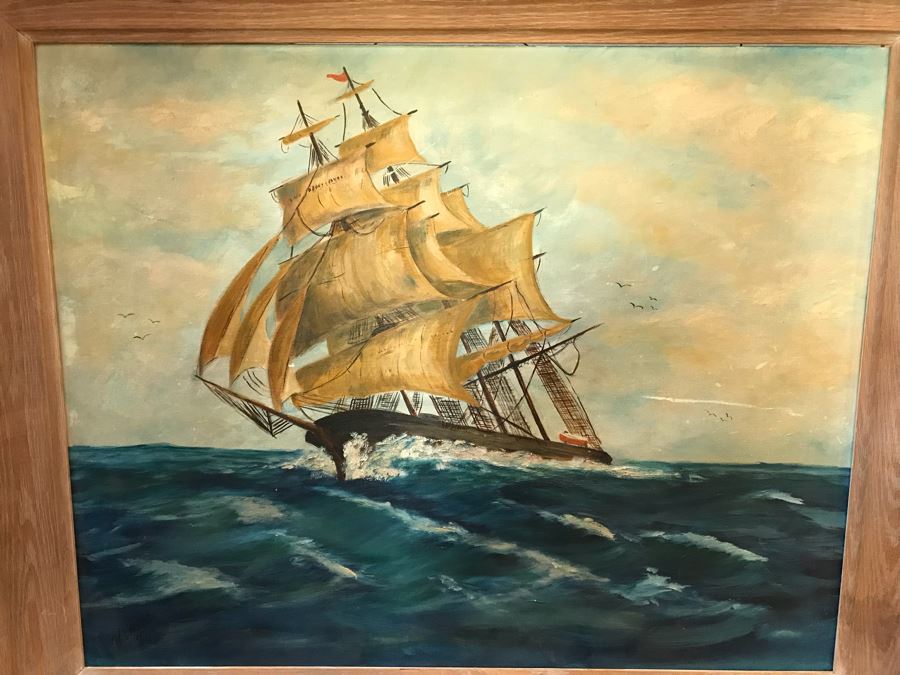 Vintage 1960 Original Oil Painting Of Sailing Ship At Sea Signed ...