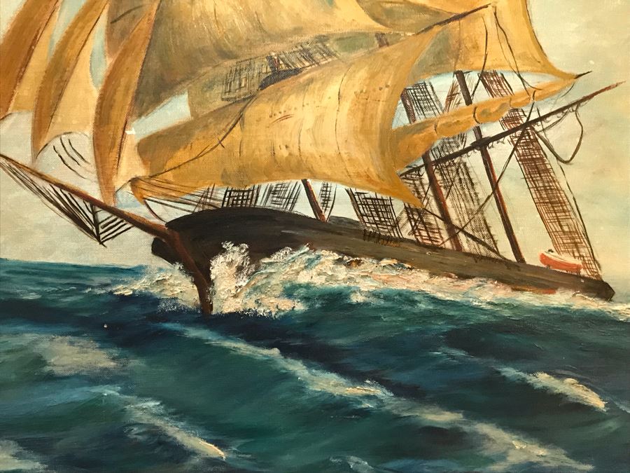 Vintage 1960 Original Oil Painting Of Sailing Ship At Sea Signed Bristol 34' X 28' [Photo 7]