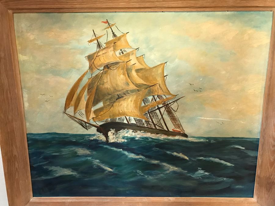 Vintage 1960 Original Oil Painting Of Sailing Ship At Sea Signed Bristol 34' X 28' [Photo 8]