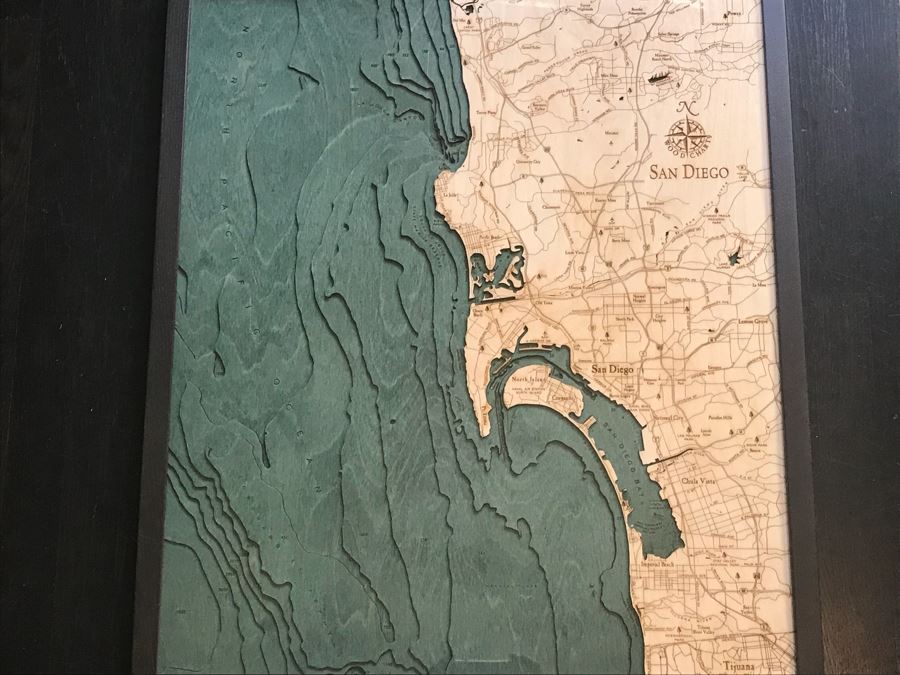 Natural Birch Plywood Topographical Ocean Map Of San Diego Coastline 24.5' X 31' Retails $298 [Photo 2]