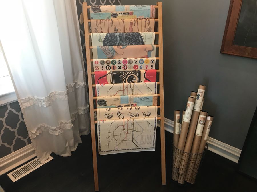 Huge Lot With Wooden Poster Display Stand 57'H (Use For Linens) Filled With Reproduction Vintage Posters, DIY Vintage Poster Kits And Wire Basket 14.5'H - See Photos For Details [Photo 2]