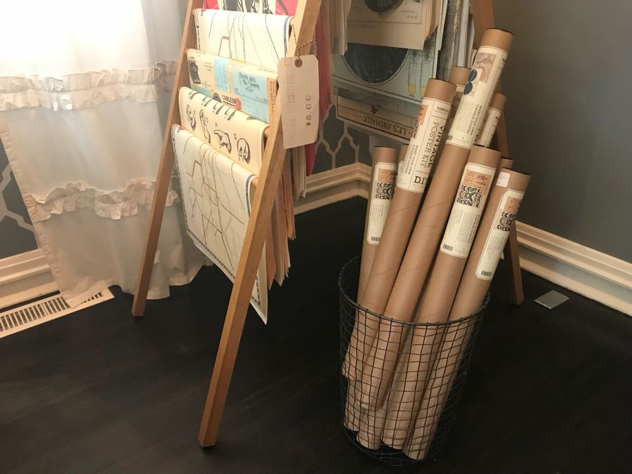 Huge Lot With Wooden Poster Display Stand 57'H (Use For Linens) Filled With Reproduction Vintage Posters, DIY Vintage Poster Kits And Wire Basket 14.5'H - See Photos For Details [Photo 15]