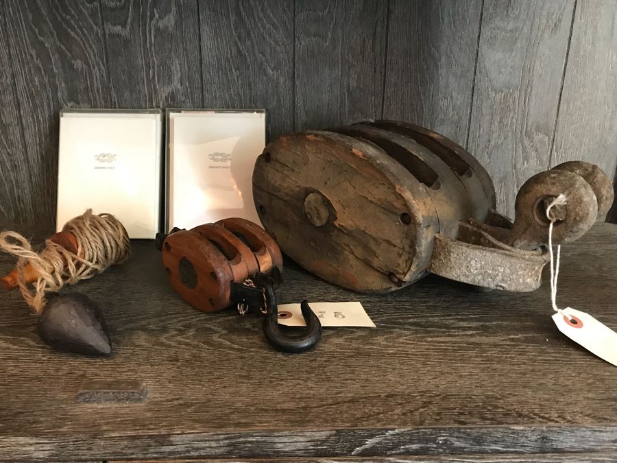 Large Nautical Ship's Pulley, Small Pulley, Plumb Bob And Pair Of New Knot Themed Card Sets Retails Value $250+ [Photo 2]