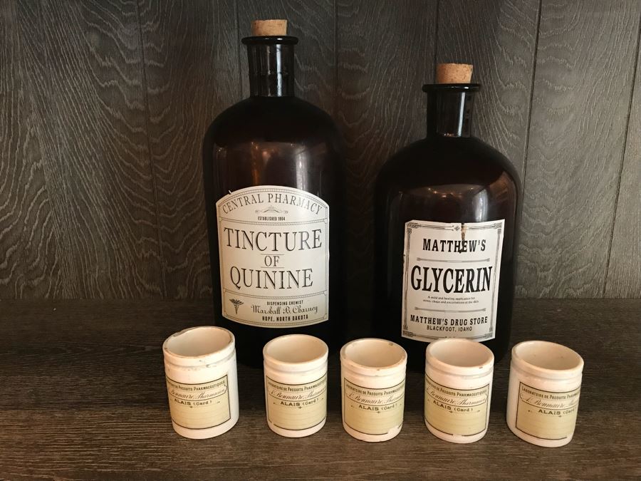 Pair Of Large Amber Medicine Bottles With (5) Smaller Medicine Bottles [Photo 2]