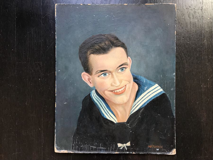 Original Vintage 1949 Sailor Portrait Oil Painting Signed By Metscher 10' X 12' [Photo 1]