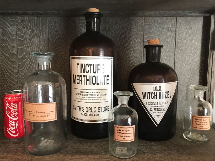 Set Of (2) Large Amber Glass Medicine Bottles And (3) Clear Glass Medicine Bottles [Photo 2]