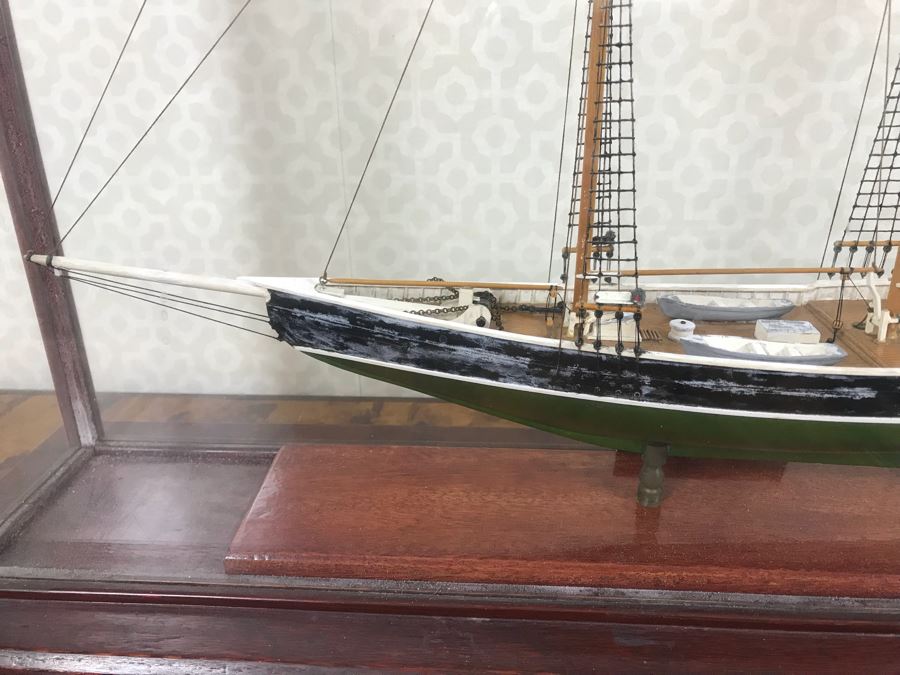 Wooden Sailing Ship Model With Stand Inside Glass Display Case With Plaque Reading Bluenose Circa - 1921 [Photo 7]