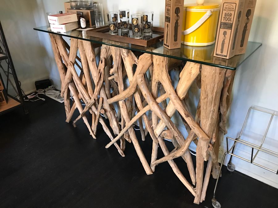 Unique Organic Tree Branch Base Console Media Table With Glass Top (Sold Empty) [Photo 5]