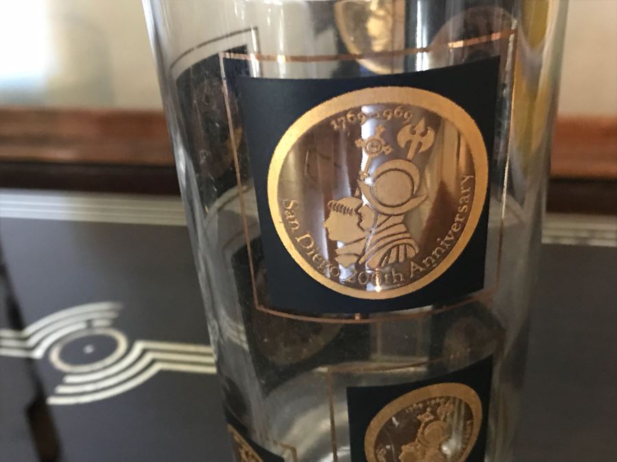 Barware Set With Tray And (4) San Diego 200th Anniversary Glasses, Retro Yellow Ice Bucket With Matching Round Tray (See Photos), And (3) New 10-1 Bar Tools [Photo 8]