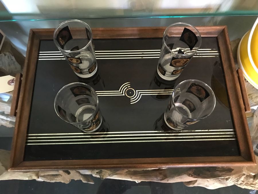 Barware Set With Tray And (4) San Diego 200th Anniversary Glasses, Retro Yellow Ice Bucket With Matching Round Tray (See Photos), And (3) New 10-1 Bar Tools [Photo 10]