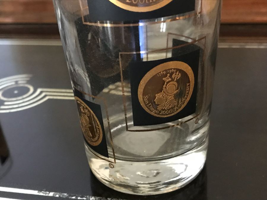 Barware Set With Tray And (4) San Diego 200th Anniversary Glasses, Retro Yellow Ice Bucket With Matching Round Tray (See Photos), And (3) New 10-1 Bar Tools [Photo 9]