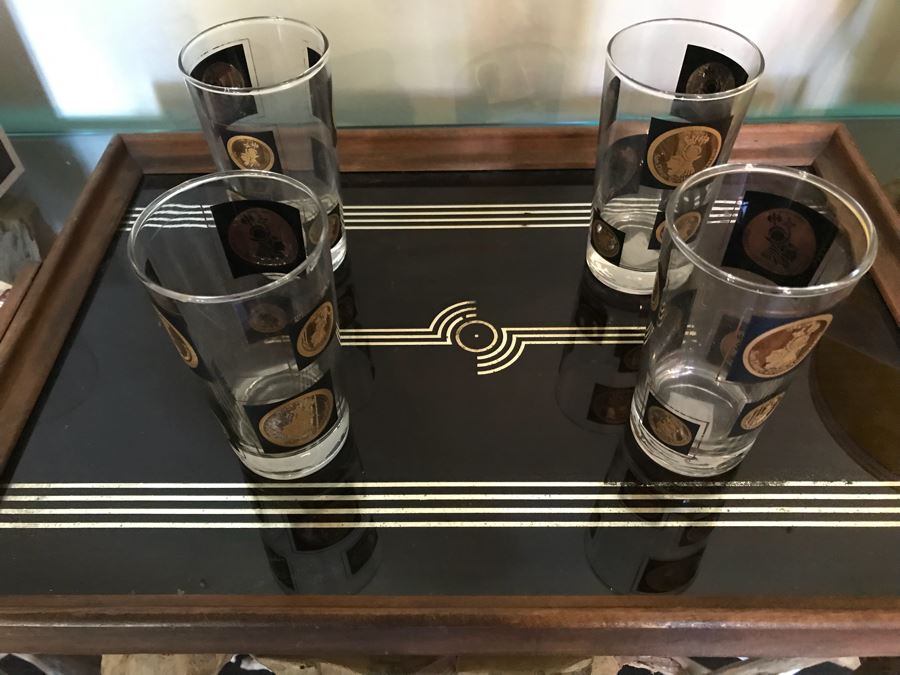 Barware Set With Tray And (4) San Diego 200th Anniversary Glasses, Retro Yellow Ice Bucket With Matching Round Tray (See Photos), And (3) New 10-1 Bar Tools [Photo 11]