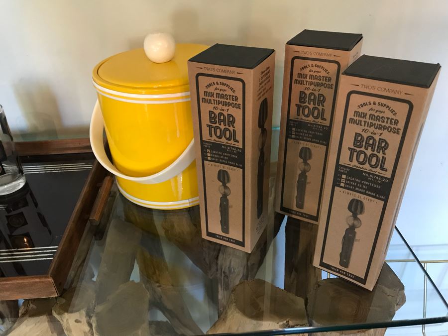 Barware Set With Tray And (4) San Diego 200th Anniversary Glasses, Retro Yellow Ice Bucket With Matching Round Tray (See Photos), And (3) New 10-1 Bar Tools [Photo 3]