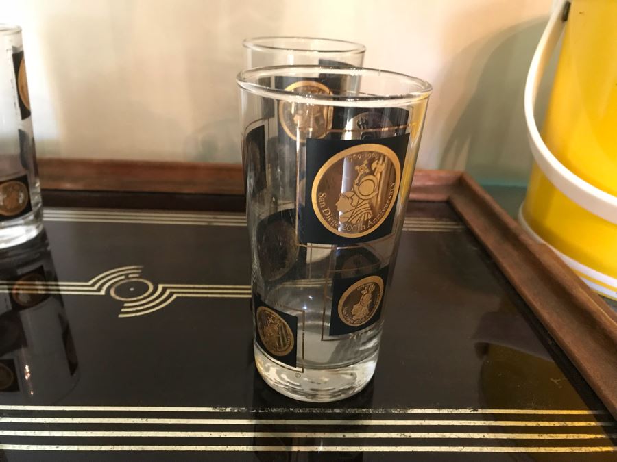 Barware Set With Tray And (4) San Diego 200th Anniversary Glasses, Retro Yellow Ice Bucket With Matching Round Tray (See Photos), And (3) New 10-1 Bar Tools [Photo 7]
