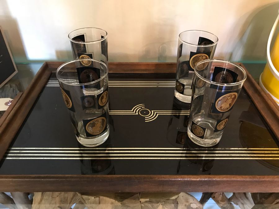 Barware Set With Tray And (4) San Diego 200th Anniversary Glasses