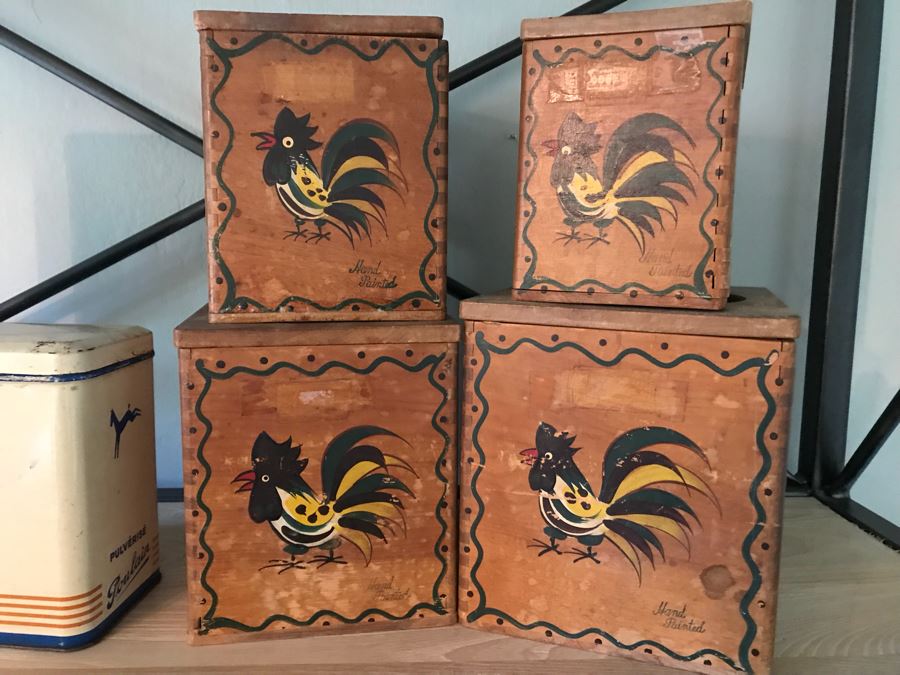 Vintage Wooden Hand Painted Rooster Nesting Boxes And (3) Vintage Tin Canisters [Photo 2]