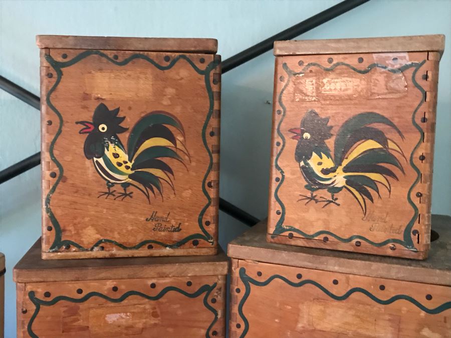 Vintage Wooden Hand Painted Rooster Nesting Boxes And (3) Vintage Tin Canisters [Photo 6]
