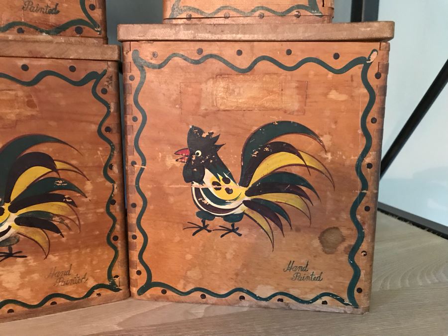 Vintage Wooden Hand Painted Rooster Nesting Boxes And (3) Vintage Tin Canisters [Photo 3]