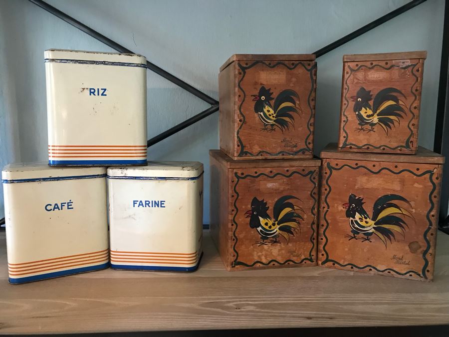 Vintage Wooden Hand Painted Rooster Nesting Boxes And (3) Vintage Tin Canisters [Photo 1]