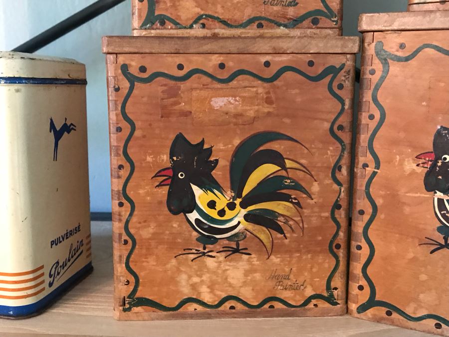 Vintage Wooden Hand Painted Rooster Nesting Boxes And (3) Vintage Tin Canisters [Photo 5]