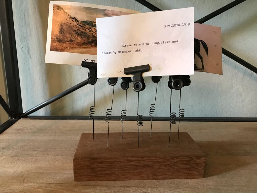 Note Display Stand With Metal Clips And Wooden Base And (3) Postcards