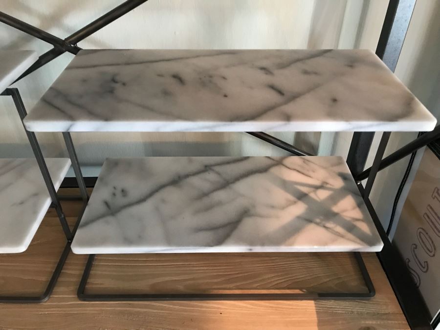 Pair Of 2-Tier Metal Display Stands With Marble Shelves [Photo 2]