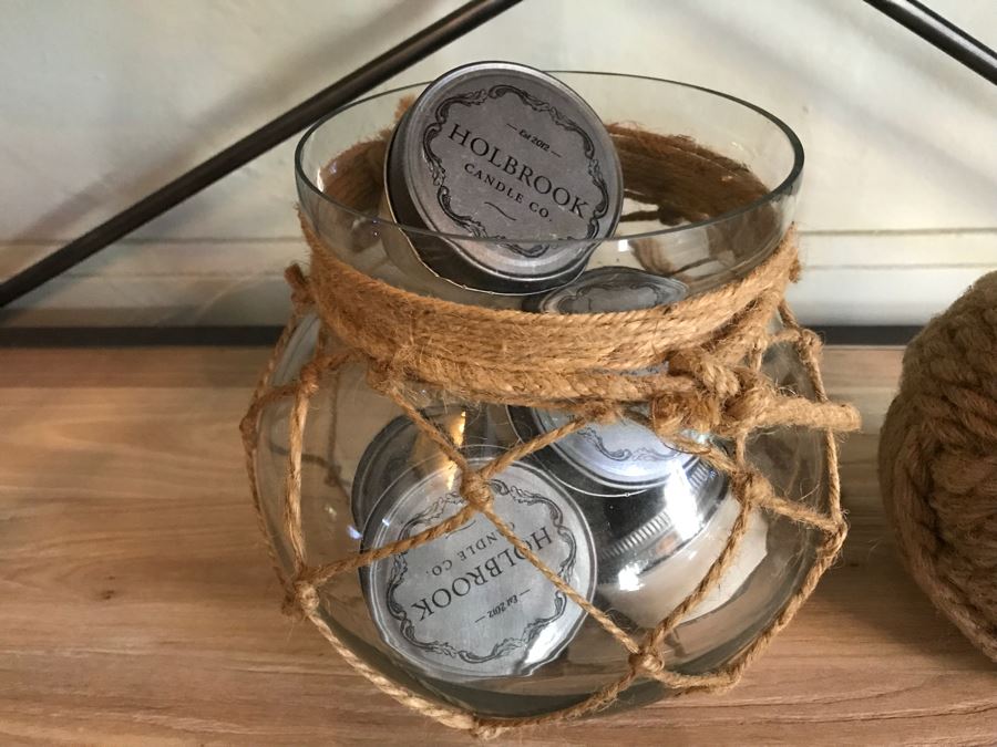 Large Nautical Rope Ball, Glass Jar Surrounded By Nautical Rope And (6) New Holbrook Candles [Photo 6]