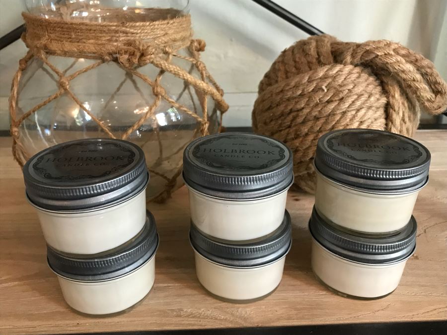Large Nautical Rope Ball, Glass Jar Surrounded By Nautical Rope And (6) New Holbrook Candles [Photo 10]