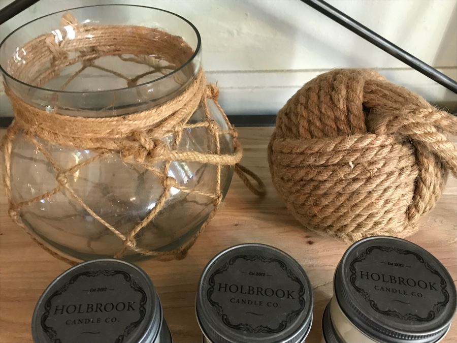 Large Nautical Rope Ball, Glass Jar Surrounded By Nautical Rope And (6) New Holbrook Candles [Photo 11]
