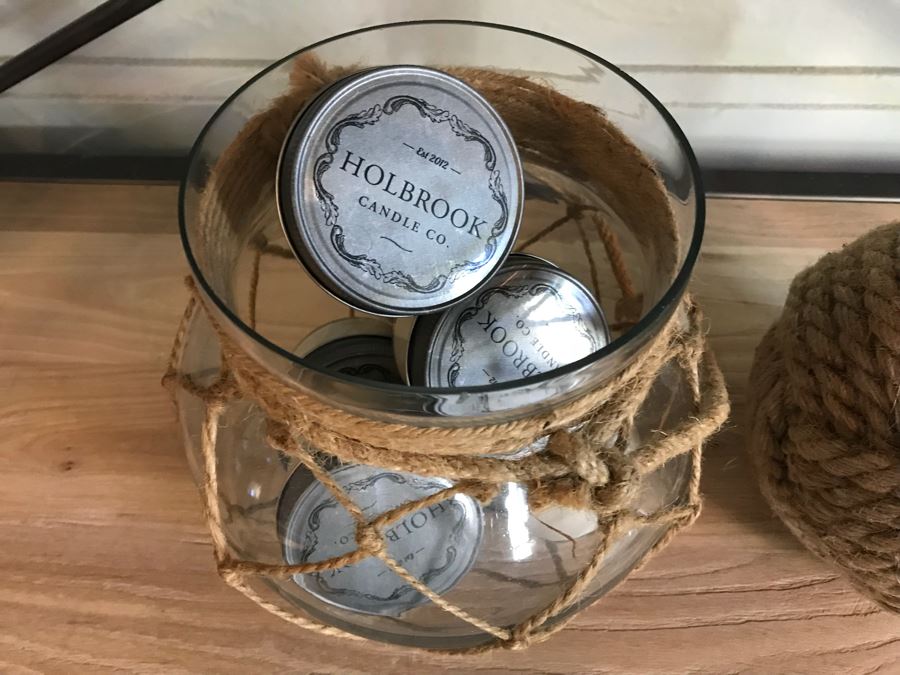 Large Nautical Rope Ball, Glass Jar Surrounded By Nautical Rope And (6) New Holbrook Candles [Photo 5]
