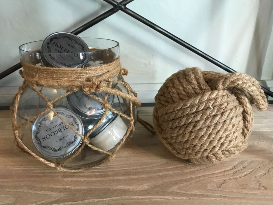 Large Nautical Rope Ball, Glass Jar Surrounded By Nautical Rope And (6) New Holbrook Candles [Photo 1]
