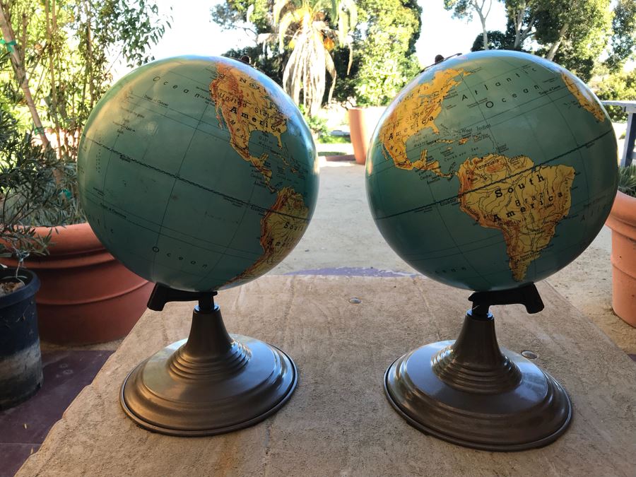 Vintage Pair Of 1962 Denoyer-Geppert Co World Globes With Metal Base