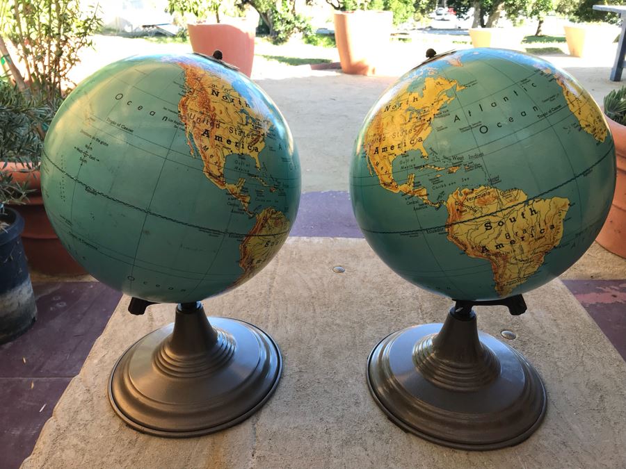 Vintage Pair Of 1962 Denoyer-Geppert Co World Globes With Metal Base [Photo 1]