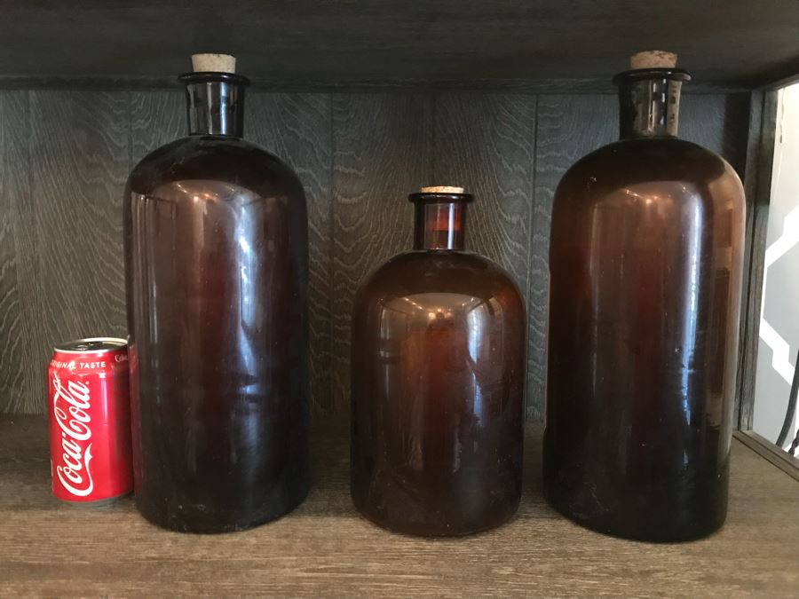 Set Of (3) Large Amber Glass Medicine Bottles
