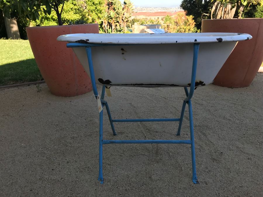 Antique Enamel Baby Bath With Metal Stand Made In Hungary Use As Planter [Photo 6]