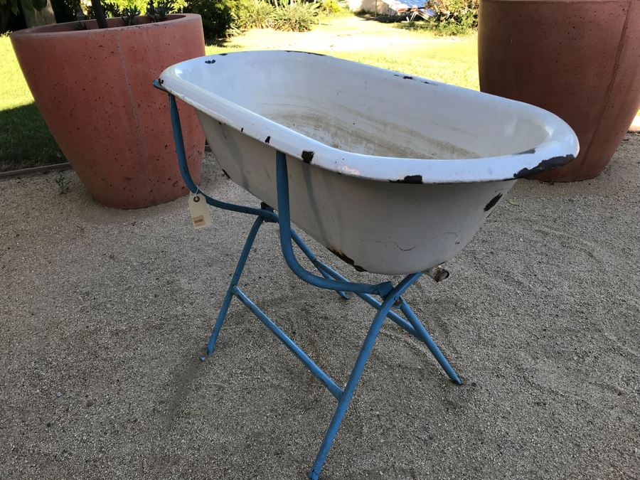 Antique Enamel Baby Bath With Metal Stand Made In Hungary Use As Planter [Photo 8]