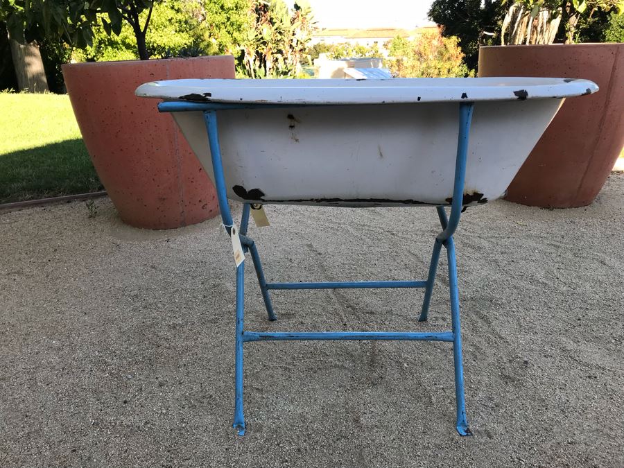 Antique Enamel Baby Bath With Metal Stand Made In Hungary Use As Planter [Photo 5]