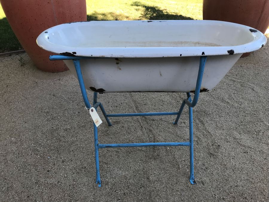 Antique Enamel Baby Bath With Metal Stand Made In Hungary Use As Planter [Photo 3]