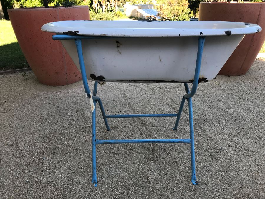 Antique Enamel Baby Bath With Metal Stand Made In Hungary Use As Planter [Photo 1]