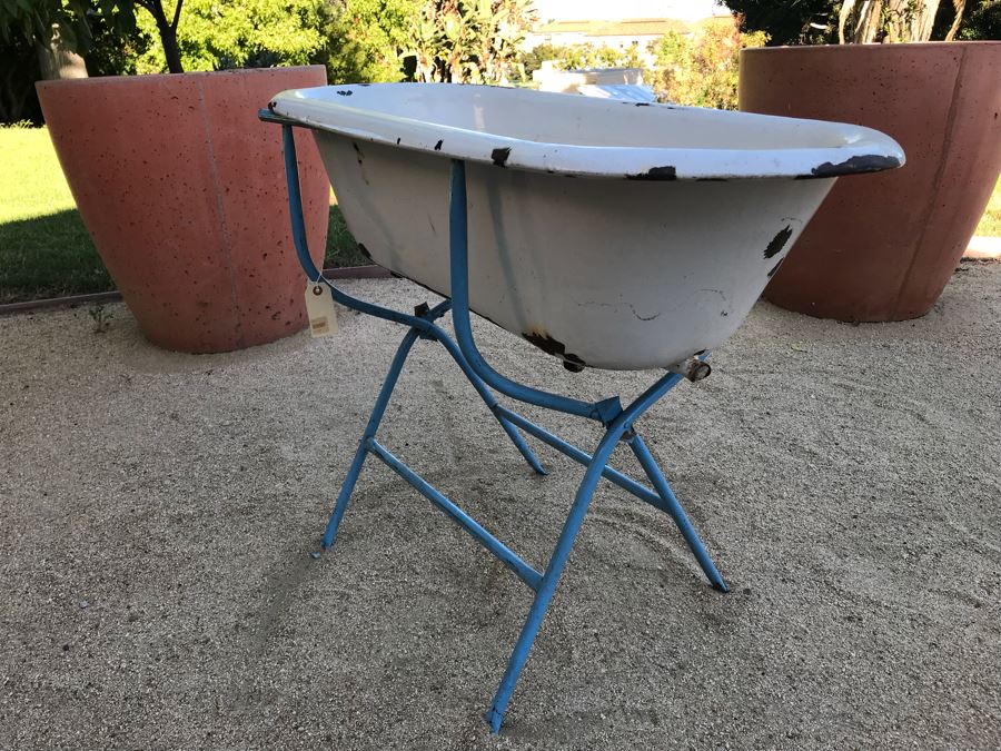 Antique Enamel Baby Bath With Metal Stand Made In Hungary Use As Planter [Photo 7]